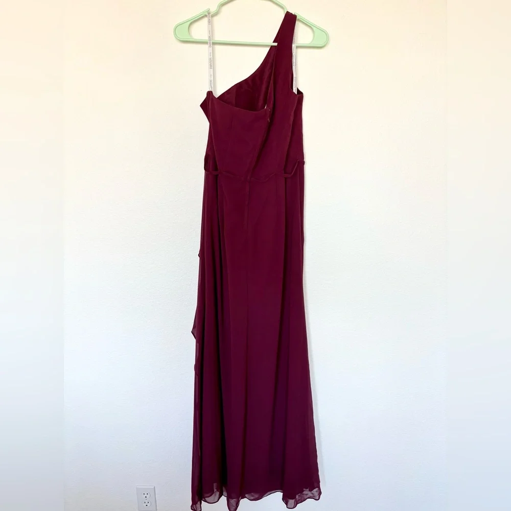David's Bridal Wine Chiffon One-Shoulder Dress with Cascade Size 10 Formal - Picture 3 of 9